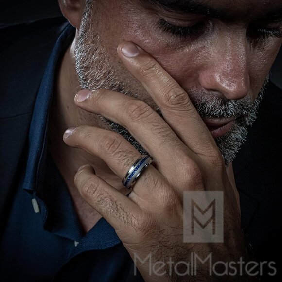 🆕 Men Blue Engagement Ring Eternity Titanium Wedding Band Simulated Sapphire - Picture 5 of 7